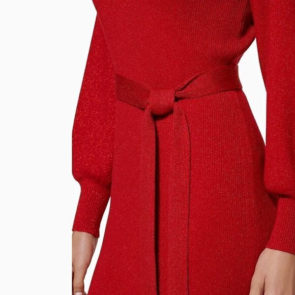 Calvin Klein Red Metallic Tie-Waist Sweater Dress Knit Long Sleeve Pull On NWT - Picture 4 of 16